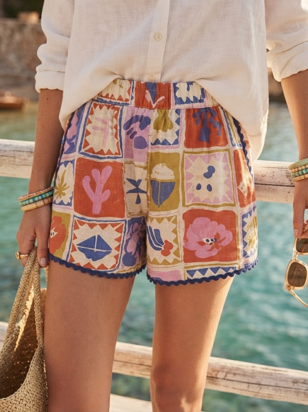 FARM Rio for Anthropologie Patchwork Tile Print Drawstring Shorts Size Small